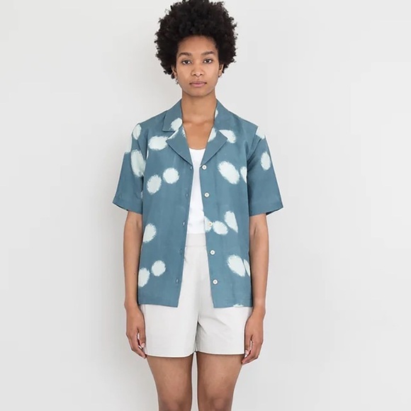 Folk Indigo Dot Soft Collar Linen Short Sleeve Button Up 3 Medium - Picture 1 of 8